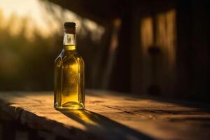 Golden olive oil bottle on wooden table olive field in morning sunshine. AI Generative photo