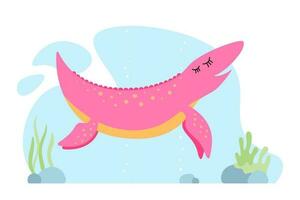 Cute pink dino. Kind smiling ichthyosaur dinosaur character. Cartoon large extinct marine reptile graphic design print banner. Creative girlish ichthyosaurus. Swimming aquatic wildlife creature. Eps vector