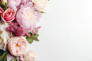 peonias, rosas en blanco antecedentes con Copiar espacio. resumen natural floral marco diseño con texto espacio. romántico femenino composición. Boda invitación. ai generativo foto