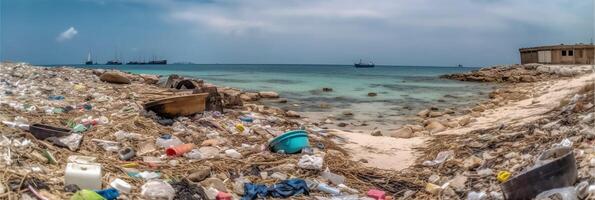 playa lleno de basura y el plastico residuos como amplio bandera para ambiental y reciclar conceptos. ai generativo foto