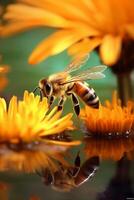 Bee sitting next to yellow flower and drop. photo