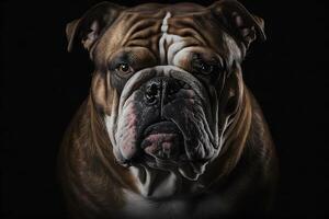 Portrait of an old english bulldog on a black background. Neural network photo