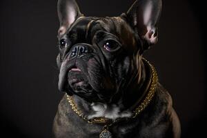 Portrait of dog french bulldog on black background. Neural network photo