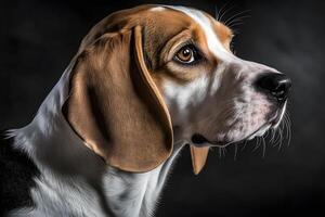 Beagle dog in portrait against black background. Neural network photo