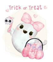 Cute happy kawaii ghost pink halloween, Trick or treat, cartoon character watercolour hand painted vector