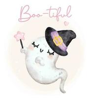 Cute kawaii pink ghost hallooween cartoon character bootiful watercolour hand painted vector