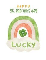 Cute Happy St. Patrick's day greeting card, Lucky rainbow with four leaf clover kid cartoon character watercolour hand painting vector