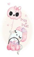 Cute happy kawaii ghost halloween witch, Trick or treat, cartoon character watercolour hand painted vector