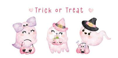 Group of Cute happy smile kawaii ghost pink hallooween , trick or treat, cartoon character watercolour hand painted vector banner