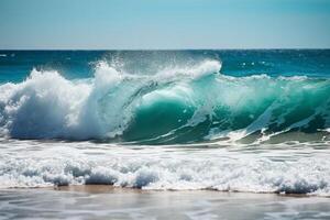 Sunny day, Beauty of marine nature, strength and power of the water element in form of a large turquoise sea wave crashing on shore. photo