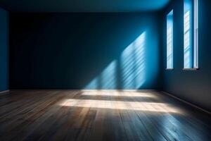 Blue empty wall and wooden floor with interesting light glare. Interior background for the presentation. photo