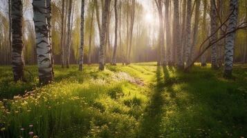 Birch grove in spring on sunny day with beautiful carpet of juicy green young grass and dandelions in rays of sunlight, photo