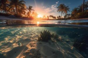 Photograph of beautiful inviting beach scene with sunset sky. photo