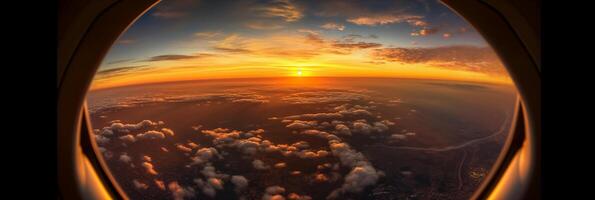 The view from the plane window to the sunset. Aerial view. photo