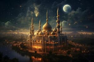 The mosque, Kareem lantern, Blurred star in night sky background, Eid al adha concept. photo