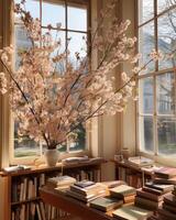 A photo of photobooks next to a big window.