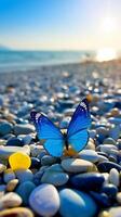 azul transparente guijarros en el playa. ai generativo foto