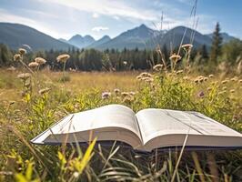 libro en el prado con montaña a antecedentes. ai generativo foto