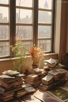 A photo of photobooks next to a big window.