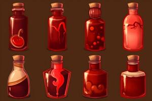 Set of magical red potion bottles. Neural network art photo