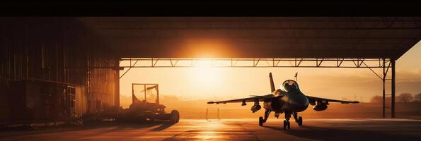 Sunset backlit view of military fighter jet pilot beside parked military airforce plane next to barracks or hangar as wide banner with copyspace area for world war conflicts. photo