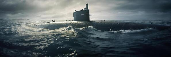 Generic military nuclear submarine floating in the middle of the ocean. photo