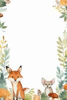 White background with simple leaves in corner with cute forest animals watercolor style. photo