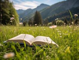 Book on the meadow with mountain at background. photo