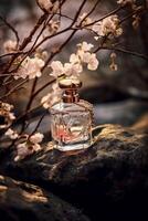 Still life photography, transparent perfume bottle in the center, stones, branches, flowers. photo