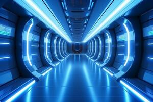 Futuristic background science fiction interior and blue light architecture corridor. photo