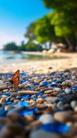 blue transparent pebbles on the beach. photo