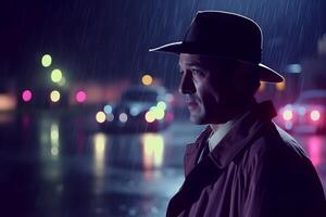 Detective in the rain in the night city. Neural network photo