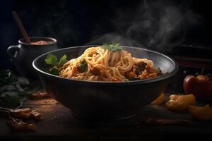 Black bowl with chinese noodles Jiangsu cuisine. Neural network photo