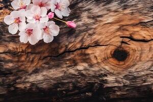 primavera estacional de rosado sakura rama con de madera mesa estar ,flor antecedentes. neural red ai generado foto
