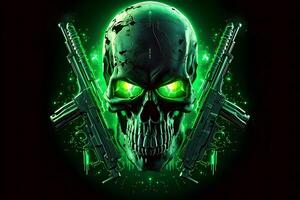 Green punk cyber human skull with weapon. Neural network photo