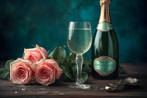 Champagne and roses elegant background. Neural network photo