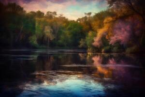 The beach at the forest lake landscape. Neural network photo