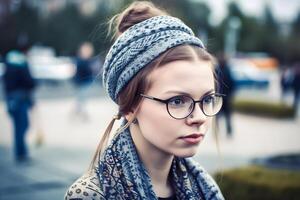 cerca arriba retrato de joven mujer en turbante. neural red ai generado foto