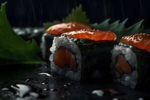 Sushi roll with salmon and shrimp tempura. Neural network photo