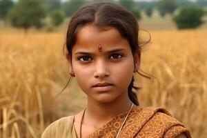 retrato de un indio niña en contra el antecedentes de espiguillas de trigo. neural red ai generado foto