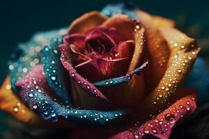 Rainbow rose with dew drops. Neural network photo