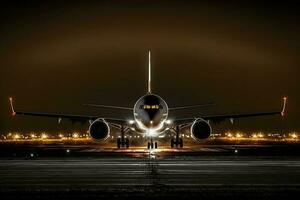 grande pasajero avión tierras en aeropuerto a noche. neural red generado Arte foto
