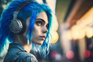 retrato de joven niña con azul pelo escuchando música con auriculares en ciudad calle. neural red generado Arte foto