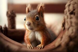 Art view on wild nature. Cute red squirrel. Neural network photo