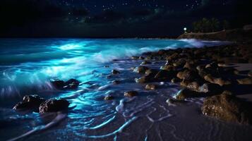 Ocean shore at night, the water is full of dinoflagellates, glowing with millions bright blue neon glow in the dark tiny dots. photo