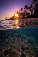 fotografía de hermosa atractivo playa escena con púrpura puesta de sol cielo. ai generativo foto