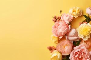 peonias, rosas en amarillo antecedentes con Copiar espacio. resumen natural floral marco diseño con texto espacio. romántico femenino composición. Boda invitación.. ai generativo foto