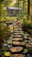 Luminous granite stepping stones leading to cottage in middle of pond. photo