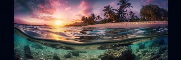 Photograph of beautiful inviting beach scene with purple sunset sky. photo