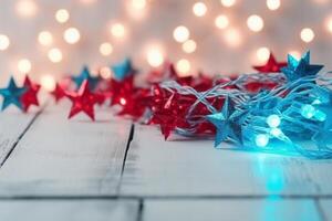 Navidad antecedentes con azul ligero luminoso guirnaldas y rojo estrellas en un blanco de madera antecedentes con Copiar espacio. ai generativo foto